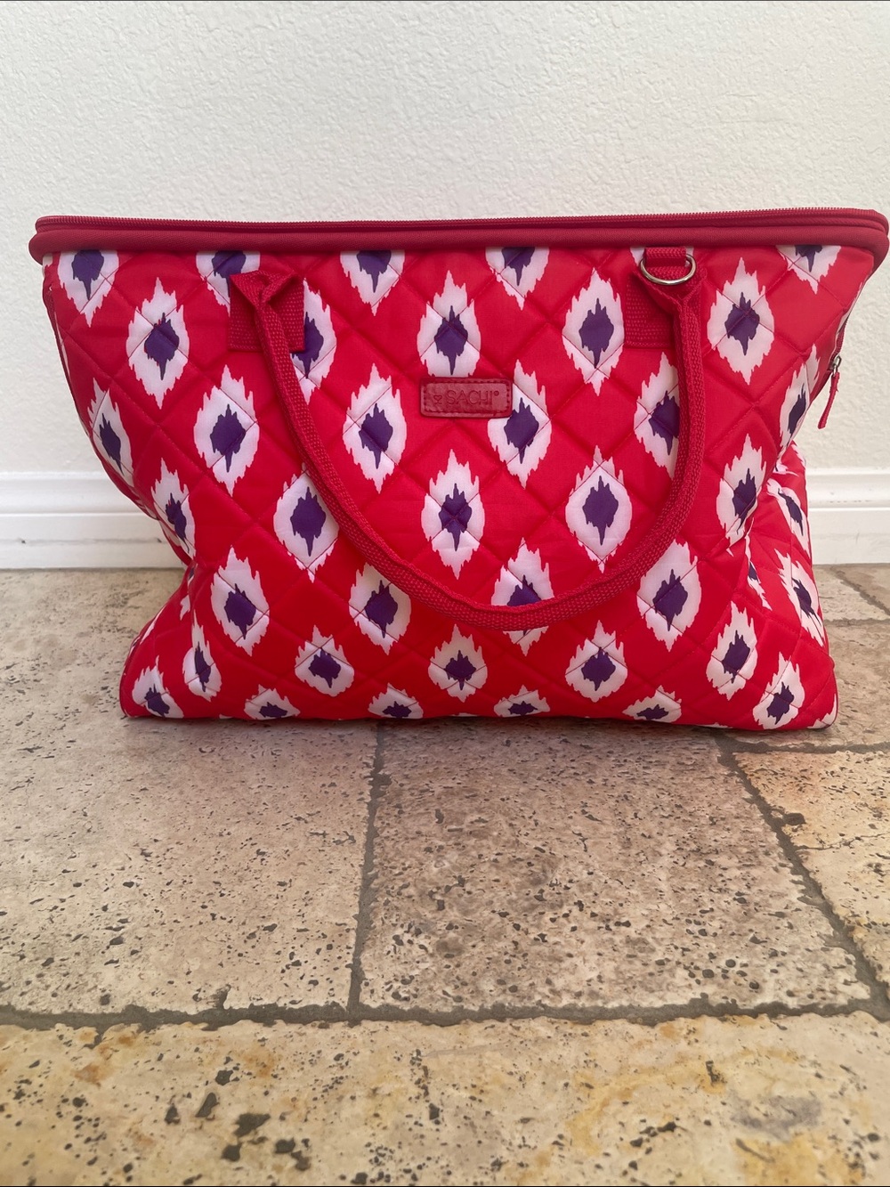 Gorgeous SACHI Red Quilted Insulated Tote with Purple Pattern